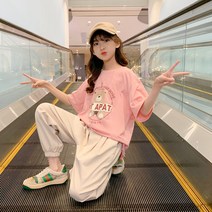 BOOMBOOM 여아 아동 유아 어린이 초등 키즈 쥬니어 여름 반팔티셔츠 면티 곰돌이 반팔티 오바사이즈 라운드넥 120 130 140 150 160 170