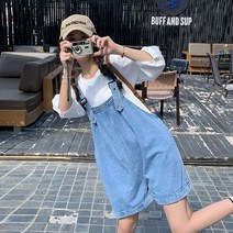 바캉스룩 청 데님 브레이스 반바지 세트 여름 캐주얼 루즈 프라이드 스트리트 에이지 감소 인터넷 연예인 티셔츠 점프 슈트 투피스
