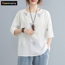 퀸앤조이 미녀77 나뭇잎 자수 7부 반팔 블라우스***판매자 SSK무역***