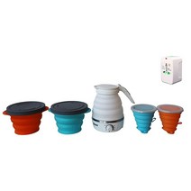 DACE 휴대용 접이식 전기 여행용 주전자 650ML/22온스 화이트 컵 2개와 커피 드리퍼 1개 범용 어댑터 드로스트링 보관 가방, With 2 Cups and 2 Bowls