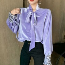 퐁순싸롱 벨벳 실키 스팽글 리본 보라색 퍼프 셔츠 블라우스 YJ