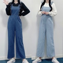 [아잉샵] 여성 데님 프릴 와이드 점프수트 청 멜빵바지