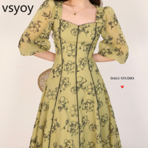 VSYOY Xiaoxiang 스타일 무거운 산업 융합 감각 대비 컬러 풀 스트립 간단한 인쇄 반소매 긴 드레스 여성용 구슬 꽃 드레스