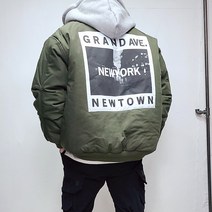 남자 오버핏 프린팅 패치 덧댐 후드 항공 패딩 점퍼 2컬러