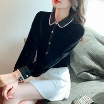 벨벳 블라우스 여 가을 한국판 심플 레이스 수술 인형 칼라 디자인 소량상의