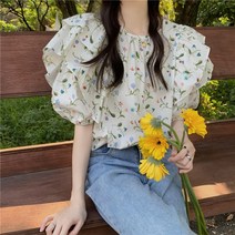 잔꽃 프린트 라운드넥 캉캉 프릴 반팔 플라워 루즈핏 블라우스