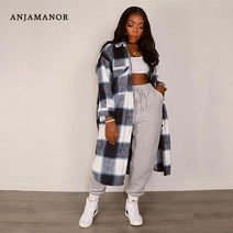 여성롱코트 가을 겨울 캐시미어코트 Anjamanor 우아한 패션 체크 무늬 코트 여성 ​​ 의류 2022 싱글 브레스트 롱 플란넬 격자 무늬 재킷 d74-dg57