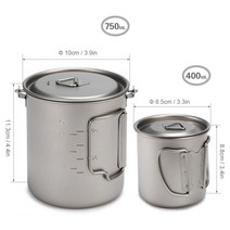 티타늄 컵 캠핑 450ml 750ml 세트 초경량 걸이 냄비 세트 야외 휴대용 물 접이식 핸들, 400ml 컵 750ml 냄비