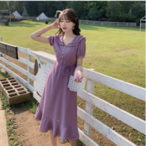 여성 여름 프릴넥 솔리드 프렌치 연보라 반팔 쉬폰 레이스 미디 원피스