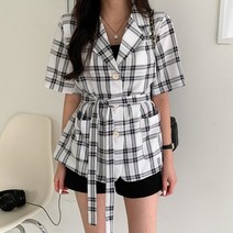 겟잇미 / 모어릿 스트랩 여름 체크 린넨 반팔 자켓