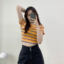 미니몰스탠다드 여성용 쥬시 크롭티 스트라이프 크롭 슬림핏 여름 반팔티 골지