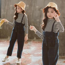 베비포 여아용 긴팔티 데님 멜빵 상하복 세트 M3535