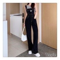 티피/Teepie 블랙 하이웨이스트 멜빵 팬츠 여성 여름 오버핏 슬림 배기 데님 팬츠