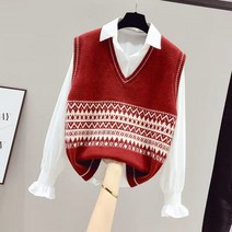 kekamall 봄가을 투피스 니트 베스트 나시 브이넥 상의 여소중 자카드 스웨터 민소매 아우터 셔츠