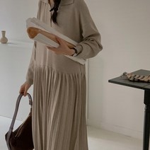 (44-88) 보들 브이넥 카라 플리츠 롱 니트 원피스 3color / 빅사이즈 모임룩