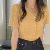 디작소 여성 봄 여름 펨 엠보싱 퍼프 반팔 블라우스
