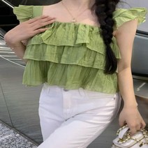 미니 와이즈 러블리 프릴 데일리 민소매 블라우스 (블랙 화이트 그린)