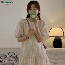 런메시 Runmecy 여름 여성 라운드 레이스 원피스 루즈핏 퍼프 원피스