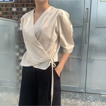 2컬러 핀턱 어깨 퍼프 랩 반팔 볼레로 셔츠 블라우스