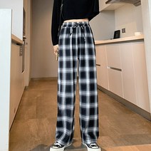 ANYOU 여성용 일자 와이드 캐주얼 체크 팬츠 슬랙스 바지 여자와이드팬츠 밴딩 와이드팬츠