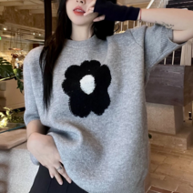 나루니 꽃무늬자수 꽃자수 니트반팔티 니트티셔츠 오버핏 데일리룩 꽃그림 봄 여름