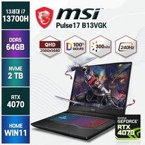 [백팩/마우스증정] MSI Pulse17 240Hz QHD 13세대 인텔 i7 RTX4070 고해상도 게이밍 노트북, 블랙, B13VGK, 코어i7, 2TB, 64GB, WIN11 Home