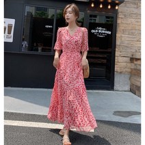 Momolatti 여름 잔꽃 시폰 브이넥 롱원피스