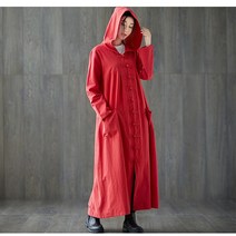 단아한 빅사이즈 면린넨 여성의류 봄 가을 룩 와이드 루즈핏 후드 단추 추가 롱 케이프 판초 트렌치코트 1435889819