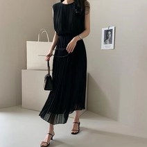 케이에비뉴 슬리브리스 벨티드 플리츠 쉬폰 롱원피스