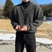 (1+1)남자 제인드 브이넥 오버핏 니트 긴팔 스웨터 티셔츠 옷 가을 겨울 간절기 옷 코디