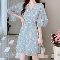 플라워 미디 쉬폰 A라인 랩스타일 원피스 미니 하객 상견례 봄원피스 스퀘어넥 화이트 여성