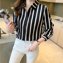 오버클래쓰 여성 셔츠 블라우스 루즈 스트라이프 긴팔 쉬폰 남방