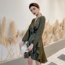 [이꾸띠] 아루바뮤 여성 봄 가을 브이넥 크로스 허리스트링 무지 쉬폰 스타일리쉬 레이스 언발 랩 원피스