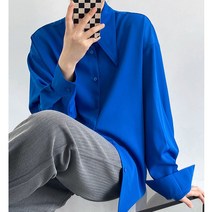 여성 쉬폰 남색 셔츠 코발트블루 실키 정장 블라우스