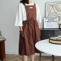NENAI 코튼 롱기장 원피스 앞치마 에이프런, 브라운