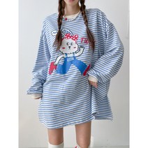 빅사이즈 토끼 리본 스트라이프 박스 루즈핏 롱 티셔츠 (3color)