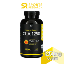 스포츠리서치 CLA 공액 리놀레산 1 250mg 180정 소프트젤 홍화 씨 오일 유 잇꽃, 1개