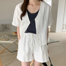 브이와이 VY 여자 코디 카라없는 린넨원단 재킷 세트
