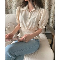 콩진주 퍼프 실크 반팔 블라우스