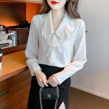 여성용 프릴 브이넥 긴팔 블라우스 하늘비즈 A31 Q416T916