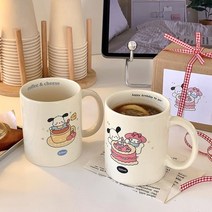 커플용 큐티 포차코 머그컵+컵뚜껑+숟가락 3종 세트 강아지 캐릭터 도안 오벌 320ml 대용량 물컵 내열 홈카페 우유컵 조식잔 집들이 개업 돌잔치 선물, 1+1  머그컵