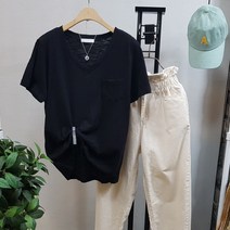 상상그이상 여성용 슬라브면 무지 브이넥 포켓 반팔티셔츠 얇은반팔 데일리티 시원한 반팔티