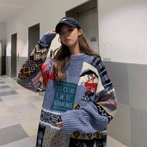 노르딕 어글리 스웨터 가을 겨울 빈티지 라운드넥 풀오버 스웨터 여성용 보온 패션 두꺼운 커플