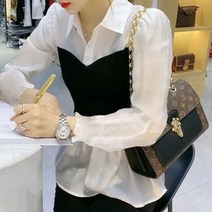 화이트 블랙 셔츠 레이스 오프숄더 블라우스 쉬폰 패치 워크 거꾸로 칼라 사무실 OL 레저 복부 두 조각 의류 봄 여름