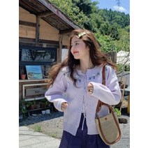 여자 플라워 자수 패치 펀칭 라운드 리본 묶음 아이보리 연보라 퍼플 봄 니트 가디건