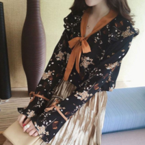 베러댓걸 여성용 봄 가을 꽃무늬 리본 프릴 긴팔 블라우스