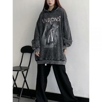 HOUZHOU Grunge Emo 프린트 그레이 오버 사이즈 여성 후드 하라주쿠 고딕 티 스웨터 펑크 고스 겨울 따뜻한 롱 슬리브 탑스