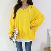 여성용 빅사이즈 오버핏 브이넥 자수 맨투맨 긴팔티 롱티