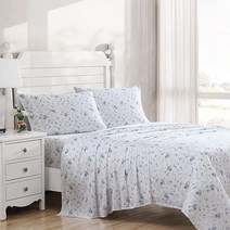 Laura Ashley Home 새틴 컬렉션 시트 세트 100% 면 주름 방지 원단 퀸 미도우 플로럴 블루, Queen_Garden Muse Blue, Queen