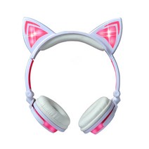 기술 고양이 귀 헤드폰 깜박이는 빛나는 LED 라이트 오버 이어 게임 헤드셋 전화 노트북, 화이트 핑크